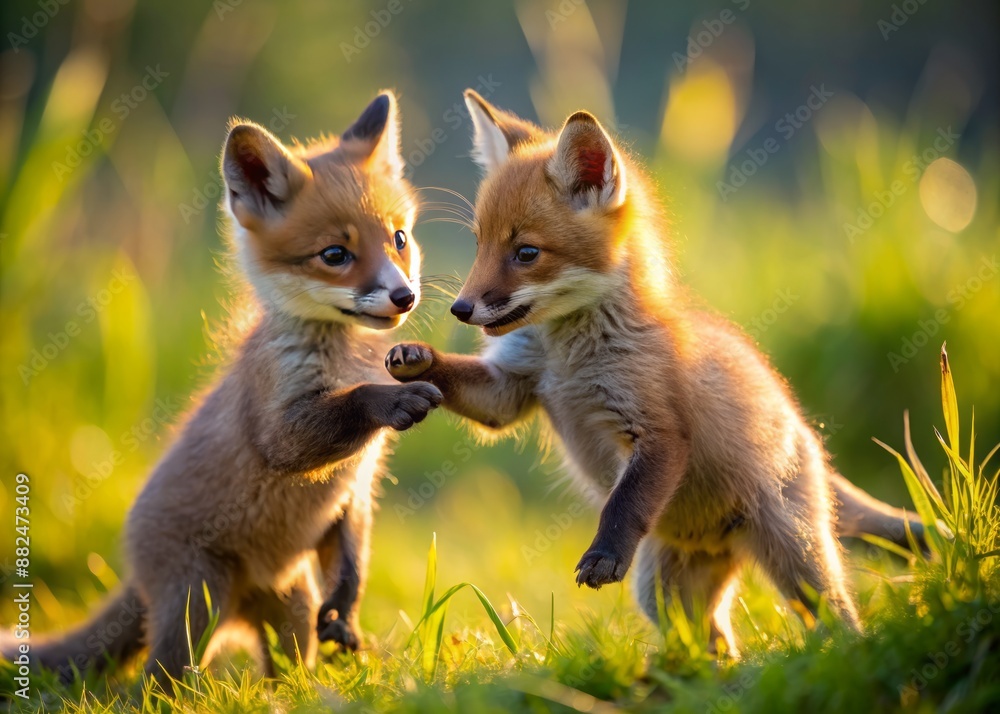Adorable baby foxes engage in a lively game of tag, their soft fur and wagging fluffy tails showcasing carefree joy and playful sibling bond in nature. Adorable baby foxes engage in a lively game of tag, their soft fur and wagging fluffy tails showcasing carefree joy and playful sibling bond in nature.
