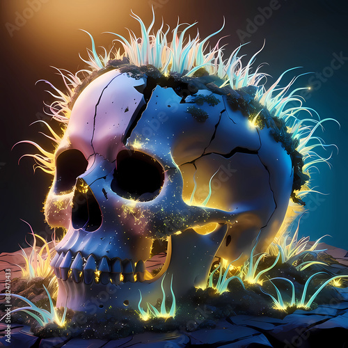  A vibrant 3D render of a broken skull overrun with glowing plants.