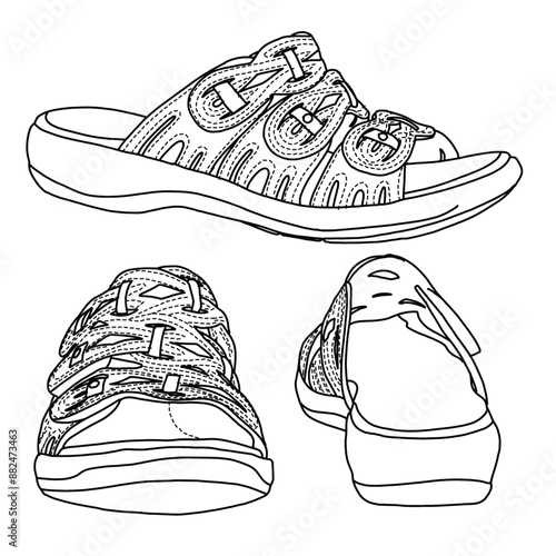 Women's Casual Leather Sandals Line art, Technical sketch hand drawing outline vector doodle illustration, various view isolated on white background