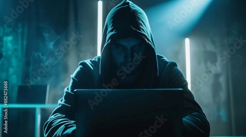 A hooded person sits in a dimly lit room working on a laptop, surrounded by a mysterious and cyberpunk-like atmosphere with neon lights in the background.