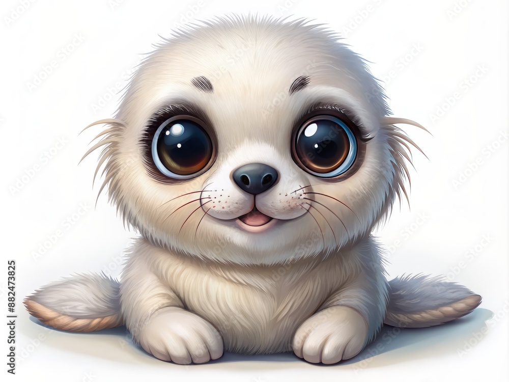 Adorable cartoon baby seal with big brown eyes and fluffy fur, sitting on its hind flippers, smiling sweetly on a pure white background. Adorable cartoon baby seal with big brown eyes and fluffy fur, sitting on its hind flippers, smiling sweetly on a pure white background.