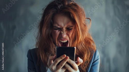 A furious woman with long hair is seen yelling at her smartphone, clearly infuriated, capturing the essence of anger and frustration in a vivid manner.