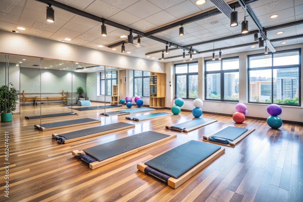 Empty modern fitness studio with exercise mats and equipment, awaiting Asian seniors' pilates class, promoting active retirement lifestyle and social fitness. Empty modern fitness studio with exercise mats and equipment, awaiting Asian seniors' pilates class, promoting active retirement lifestyle and social fitness.