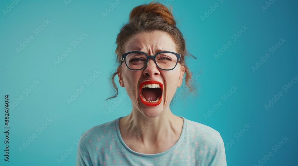 A woman wearing glasses and a casual shirt is angrily screaming against a blue background, her face full of raw emotion, reflecting deep frustration and anger. A woman wearing glasses and a casual shirt is angrily screaming against a blue background, her face full of raw emotion, reflecting deep frustration and anger.