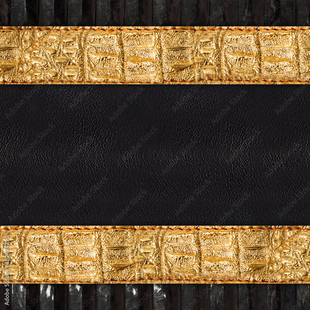 Seamless 4k photo texture photo of black and gold colored alligator skin belts on polished patterned leather material backdrop. Seamless 4k photo texture photo of black and gold colored alligator skin belts on polished patterned leather material backdrop.