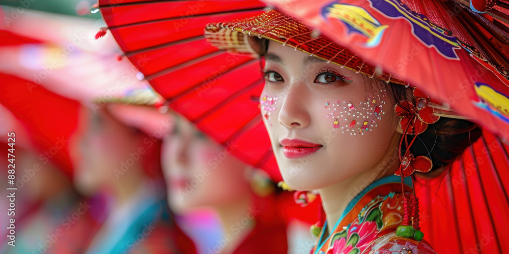 A traditional Japanese woman in vibrant attire holding a red umbrella, adorned with colorful face paint and surrounded by others. A traditional Japanese woman in vibrant attire holding a red umbrella, adorned with colorful face paint and surrounded by others.