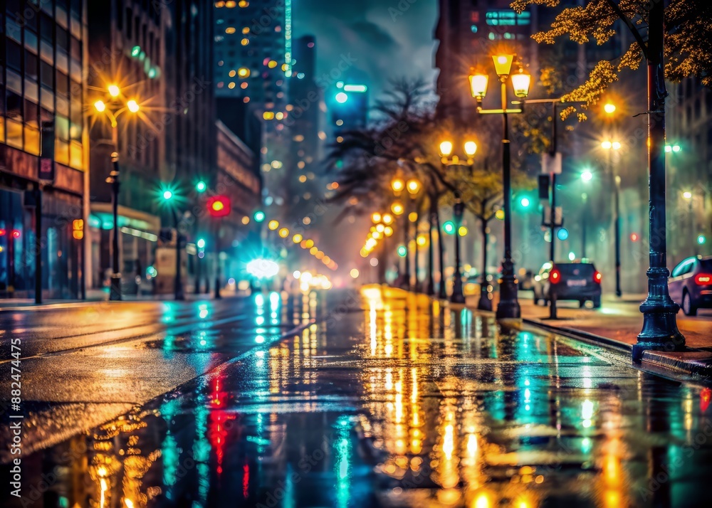 Moody rainy night scene in urban cityscape with blurred streaks of city lights, wet pavement, and misty atmosphere, conveying a sense of solitude and calm. Moody rainy night scene in urban cityscape with blurred streaks of city lights, wet pavement, and misty atmosphere, conveying a sense of solitude and calm.