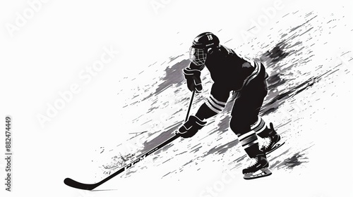 A dynamic illustration of a hockey player in motion, depicted with splattered visual effects to convey speed and intensity on the ice rink.