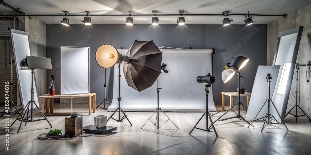 Modern professional photography studio setup with grey background ...
