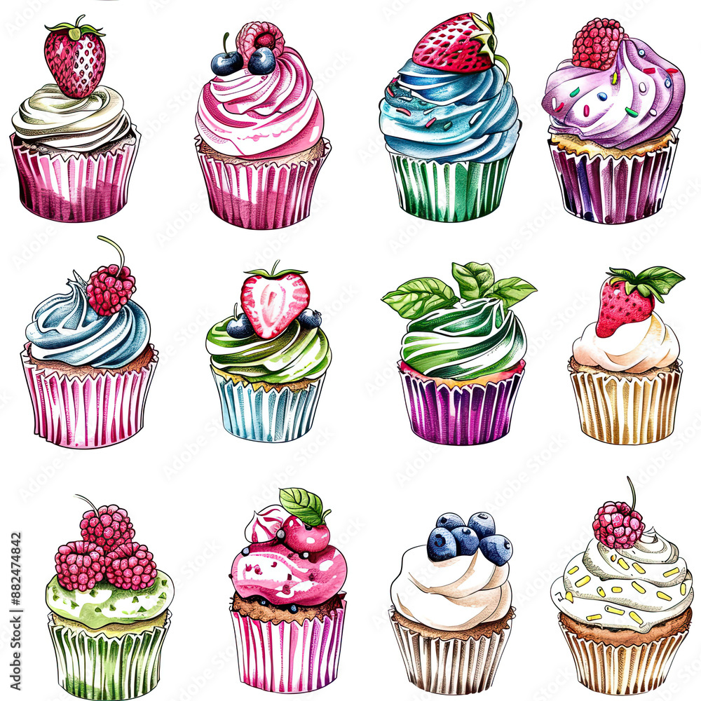 Set of watercolor cupcakes. Hand drawn on textured paper. Retro style. Vector illustration, sealmless tile pattern Set of watercolor cupcakes. Hand drawn on textured paper. Retro style. Vector illustration, sealmless tile pattern