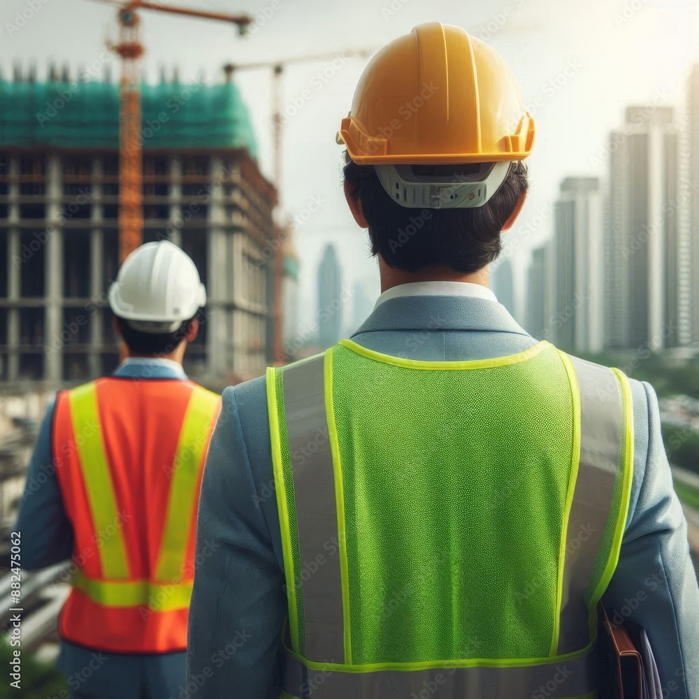 Back view of a construction engineer wearing a safety helmet and reflective clothing, assessing project success Back view of a construction engineer wearing a safety helmet and reflective clothing, assessing project success