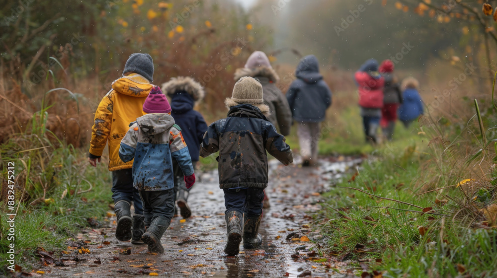 Fototapeta premium Group of children hiking together through a forest in autumn, dressed warmly and exploring nature.