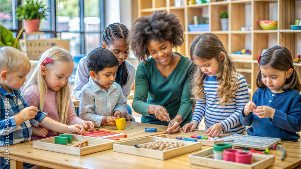 Fototapeta premium Cute children playing with wooden toys in the kindergarten. Kids education.