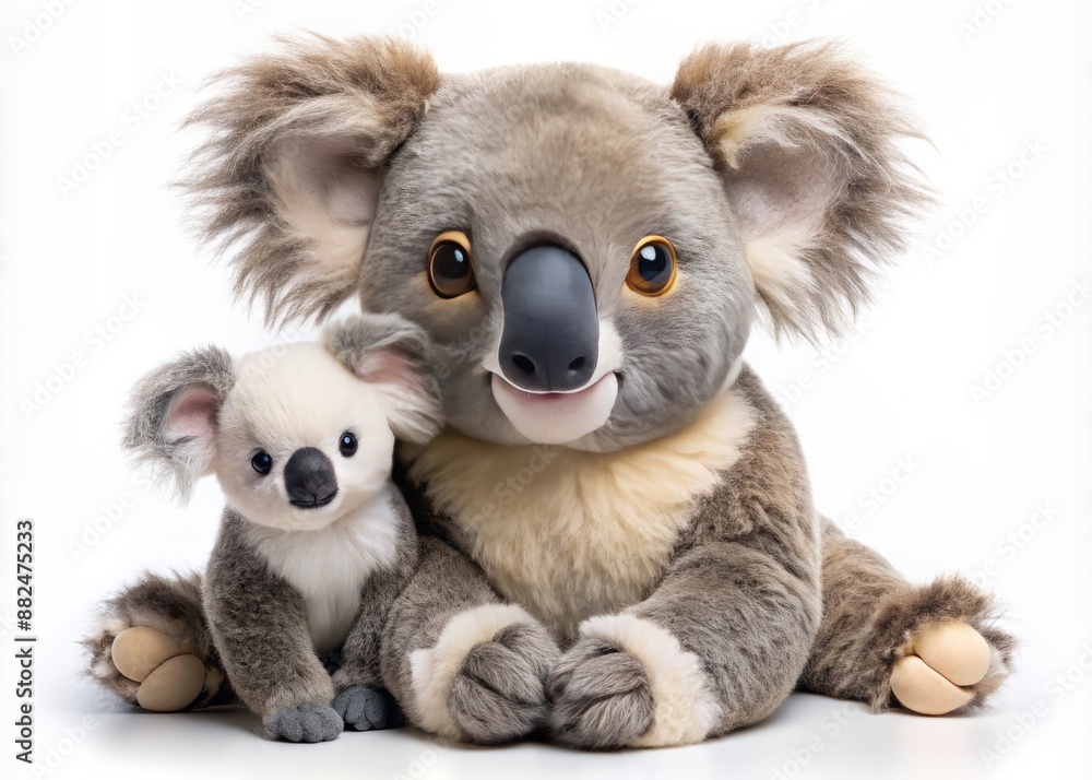 Snuggly koala joey clutches a soft toy, gazing up with big round eyes, on a pristine white background, exuding innocence and cuteness, melting hearts instantly. Snuggly koala joey clutches a soft toy, gazing up with big round eyes, on a pristine white background, exuding innocence and cuteness, melting hearts instantly.