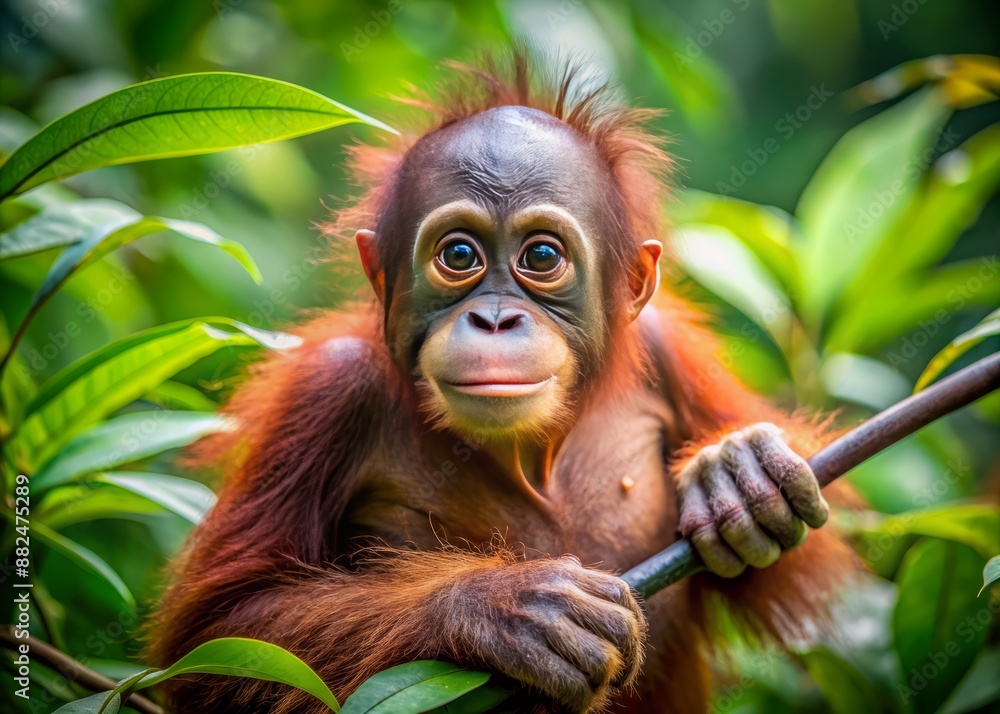 Fototapeta premium Adorable baby orangutan perches on a branch, its bright inquisitive eyes scanning the surroundings with wonder, surrounded by lush green foliage in a vibrant jungle.
