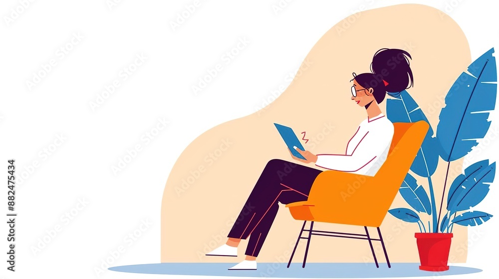 Woman working on laptop in armchair, home office illustration. Woman working on laptop in armchair, home office illustration.