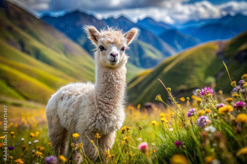 Fototapeta premium Adorable baby alpaca with soft, fluffy fur and curious eyes explores the Andes mountainside, surrounded by vibrant green grass and wildflowers in Peru.