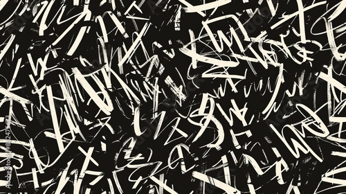 An abstract piece featuring dense white scribbled lines on a black background, showcasing a chaotic yet structured artistic expression through modern abstract strokes and shapes. photo