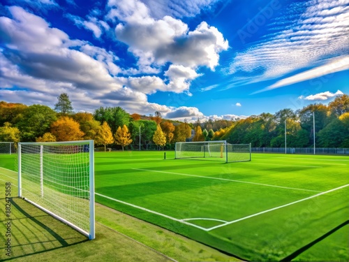 A vibrant green soccer field with goalposts and a bright blue sky, perfect for kids' football matches, with a subtle sense of excitement and energy.