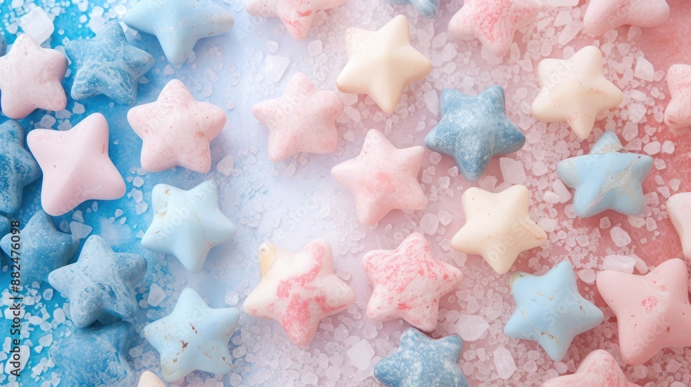 Colorful star shape stones on white background with soft shadows. Retro fashion texture. Colorful star shape stones on white background with soft shadows. Retro fashion texture.