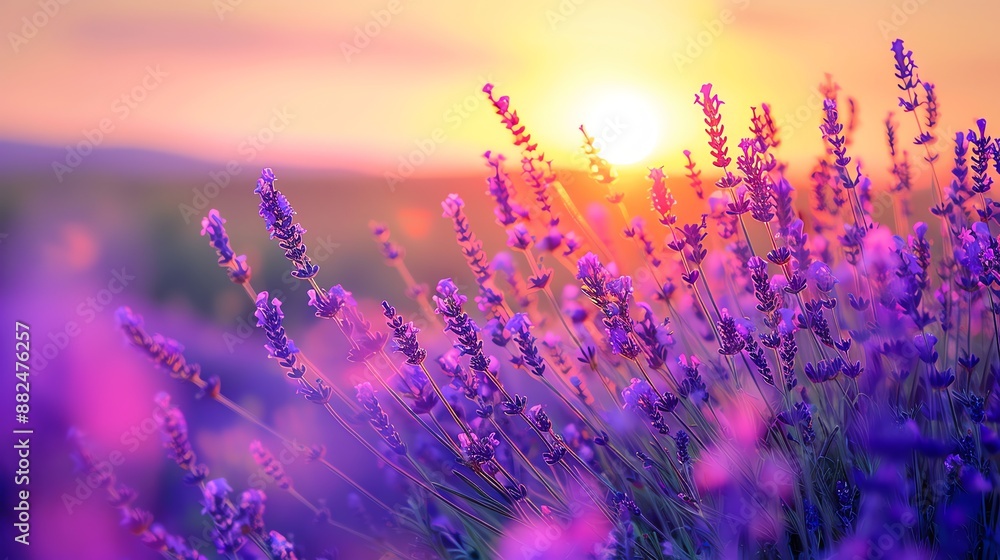 A field of lavender flowers at sunset. A field of lavender flowers at sunset.