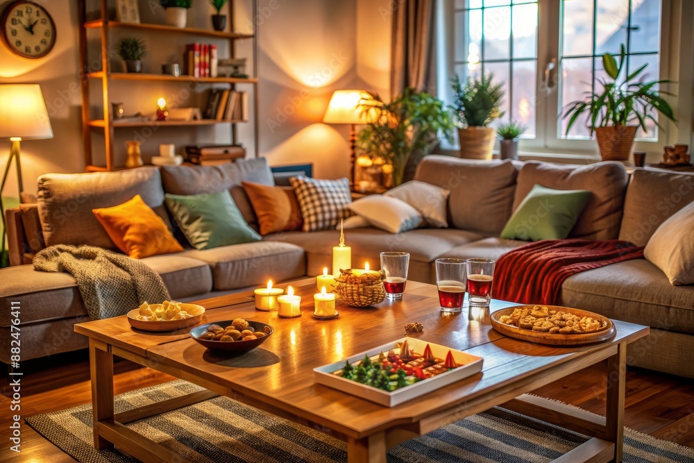 Cozy living room setup with board games, cards, snacks, and drinks on a wooden table, surrounded by couch cushions and warm lighting, evoking a sense of togetherness. Cozy living room setup with board games, cards, snacks, and drinks on a wooden table, surrounded by couch cushions and warm lighting, evoking a sense of togetherness.