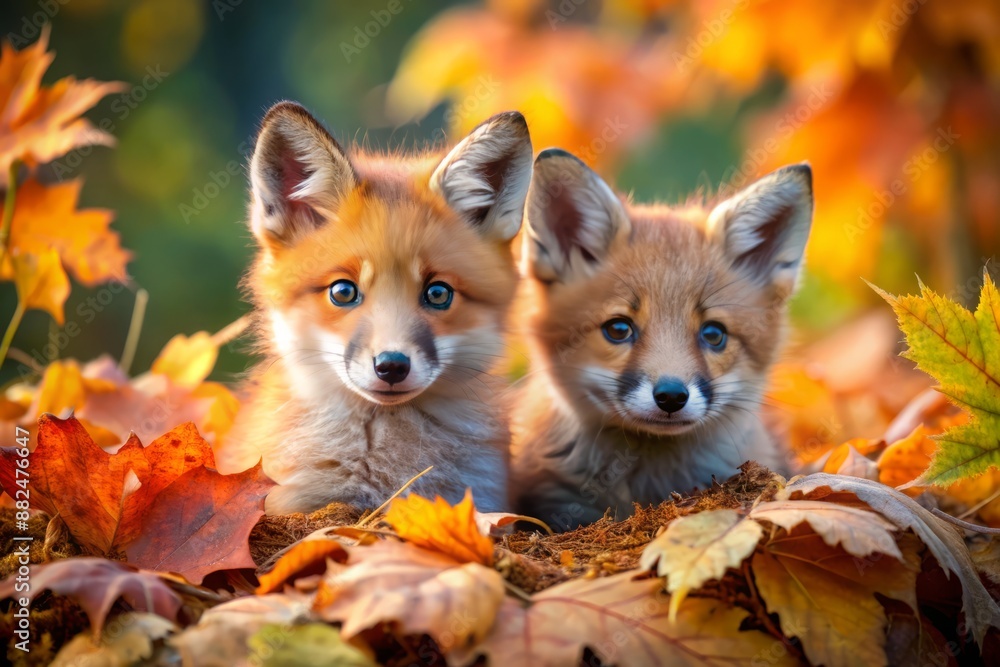 Adorable baby foxes with fluffy orange fur and curious eyes sit amidst a pile of vibrant fall leaves, surrounded by deciduous tree branches. Adorable baby foxes with fluffy orange fur and curious eyes sit amidst a pile of vibrant fall leaves, surrounded by deciduous tree branches.