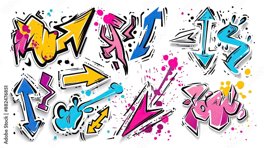Fototapeta premium Graffiti elements, cartoon graffiti stickers for kids with arrows and lines, isolated in doodle style with simple line, vector illustration, generated AI