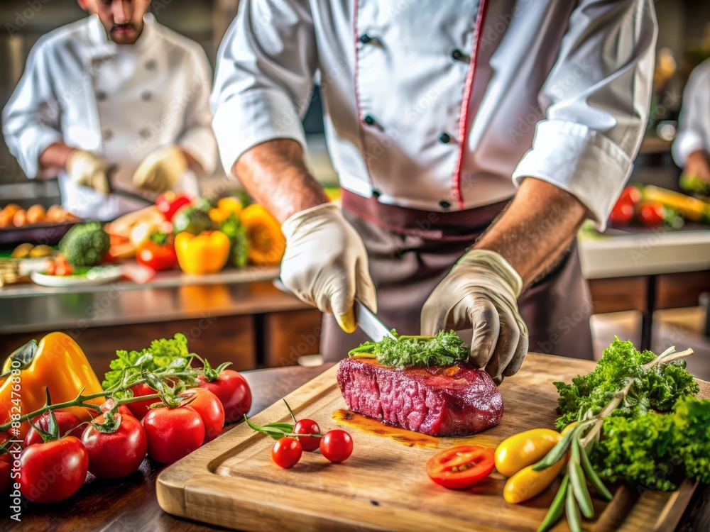 Skilled hands carefully prepare tender beef steak in a bustling restaurant kitchen, garnished with vibrant vegetables, ready to be served to eager diners. Skilled hands carefully prepare tender beef steak in a bustling restaurant kitchen, garnished with vibrant vegetables, ready to be served to eager diners.