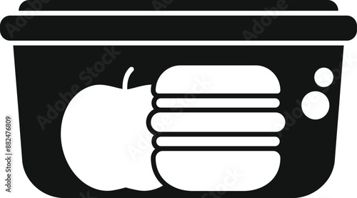 Black and white icon of a lunchbox containing a sandwich and an apple, promoting healthy eating habits