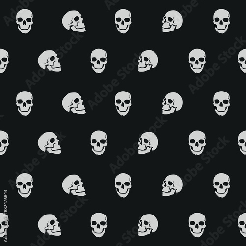 Seamless pattern with human skulls. Vector background with sinister smiling skulls in retro style. Graphic print for clothes, fabric, wallpaper, wrapping paper