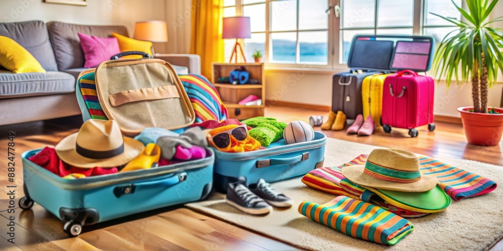 Naklejka premium Neatly arranged open luggage, colorful travel accessories, and hotel amenities scattered around a tidy room, capturing the excitement of an upcoming family vacation.