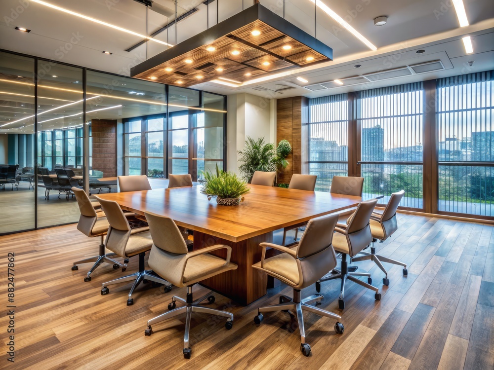 Fototapeta premium Modern office complex lobby features a polished wooden meeting table surrounded by empty chairs, awaiting a collaborative gathering of diverse professionals.