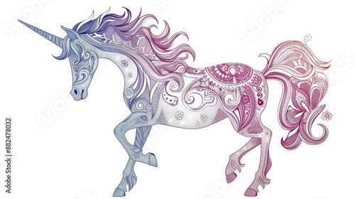 Ornate Unicorn Illustration in Blue and Pink Hues