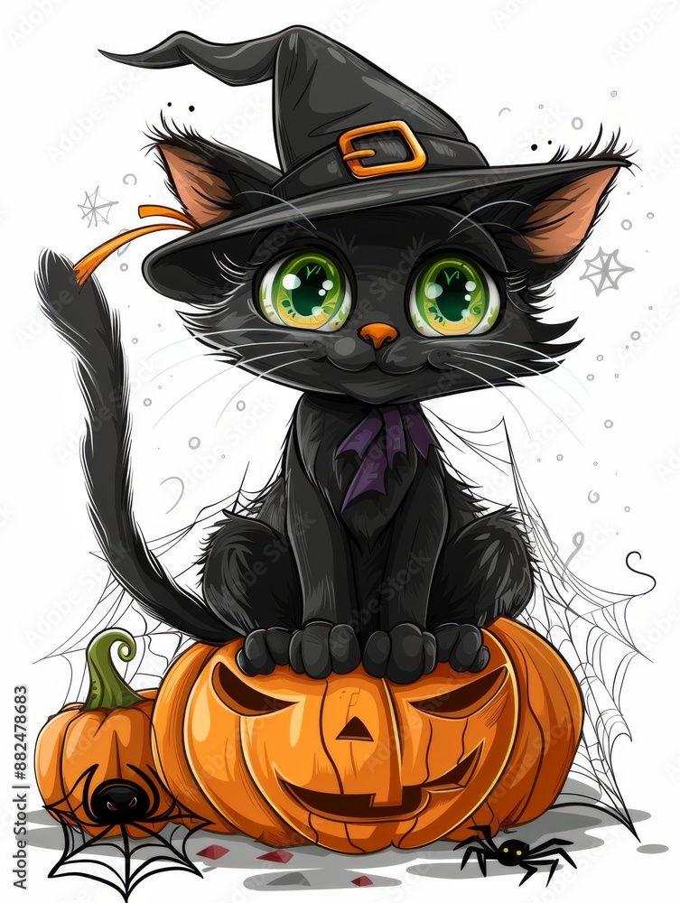 Halloween Black Cat on Pumpkin with Witch Hat - Cute Cartoon Illustration for Halloween Decor and Posters Halloween Black Cat on Pumpkin with Witch Hat - Cute Cartoon Illustration for Halloween Decor and Posters
