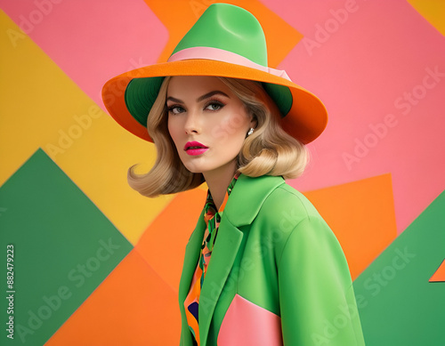 A woman in elegant green and orange attire photo