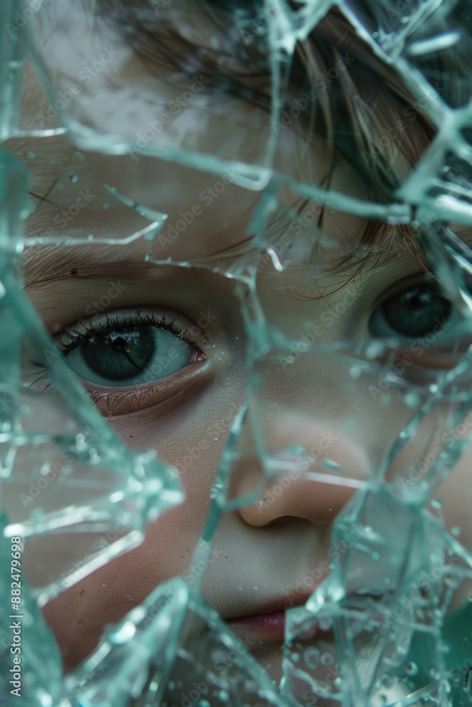 A close-up view of a child's face looking out from behind a broken glass window A close-up view of a child's face looking out from behind a broken glass window