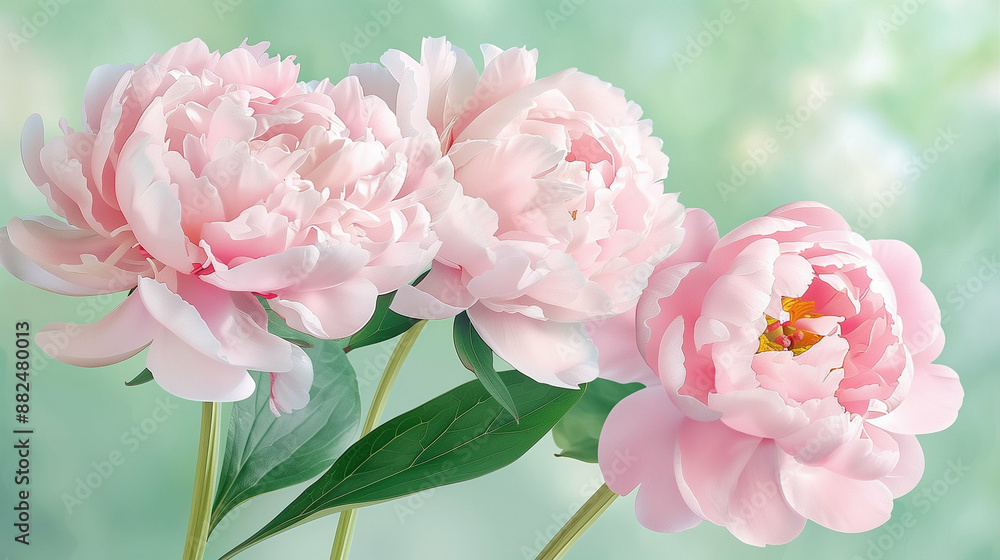 Beautiful Pink Peonies in Full Bloom. Fresh Floral Arrangements with Green Leaves Background Beautiful Pink Peonies in Full Bloom. Fresh Floral Arrangements with Green Leaves Background