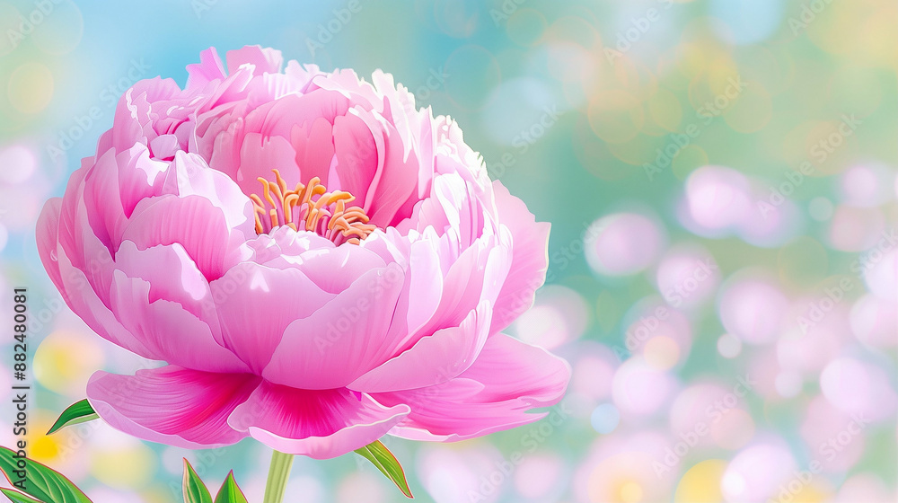 Fototapeta premium Peony Pink Flower in Bloom. Beautiful Blossoming Peony in Garden Scene. Soft Focus Pastel Colors
