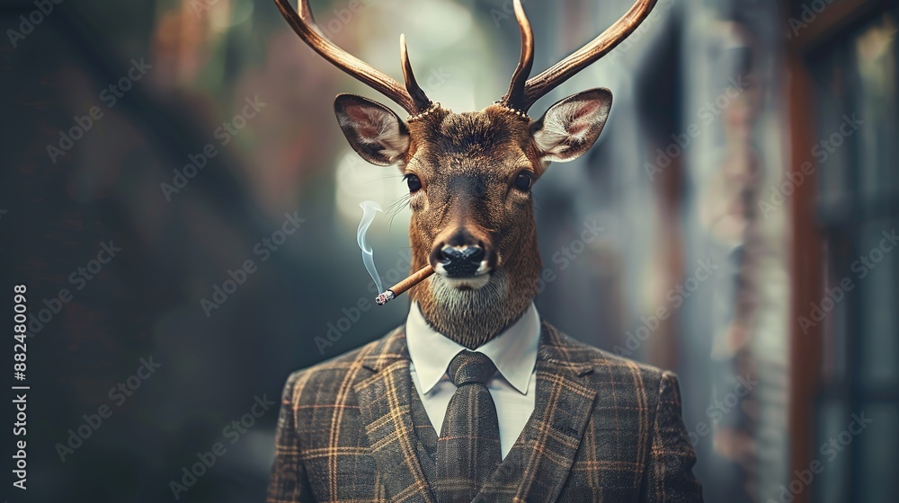 Deer dressed in a classy suit, smoking, standing as a successful leader ...