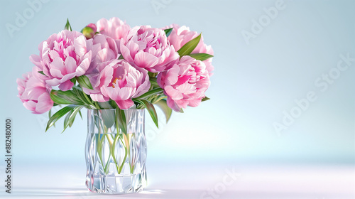 Peony Pink Flower in Crystal Vase - Beautiful Floral Arrangement. Elegant Home Decor with Pastel Aesthetic