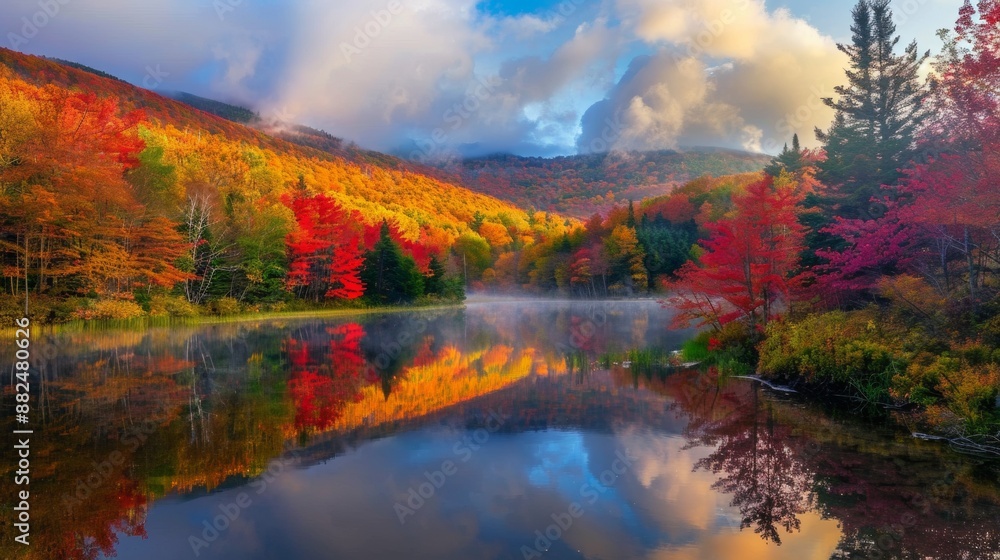 beautiful forest in autumn with yellow and orange trees with a blue sky beautiful forest in autumn with yellow and orange trees with a blue sky