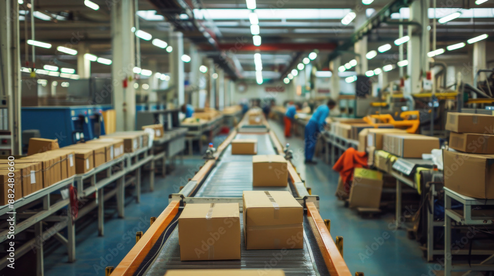 Boxes moving on an automated conveyor belt in a spacious warehouse with workers in the background. Boxes moving on an automated conveyor belt in a spacious warehouse with workers in the background.