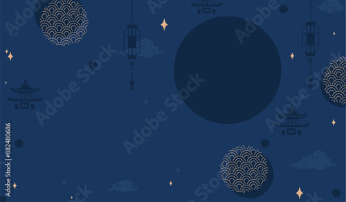 Chinese copy space dark blue background with golden elements of Asian culture in geometric style. Vector Design for background, sale, banner, poster or greeting card