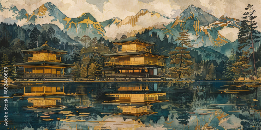 Fototapeta premium 森と野原と山のある風景