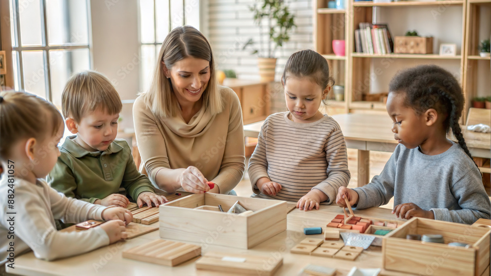 Cute children playing with wooden blocks together with their teacher at home