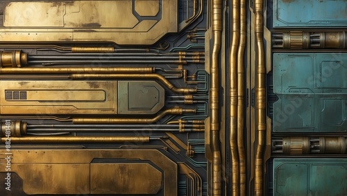 Gold and teal panels with pipes and wires