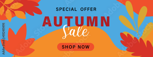 Autumn big sale poster with falling autumn leaves. Autumn seasonal background.