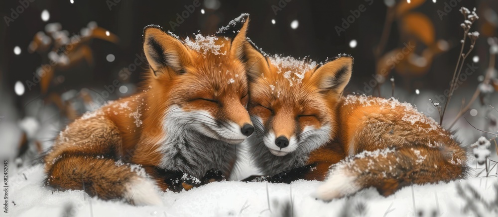 Obraz premium Two Red Foxes Huddle Together in the Snow