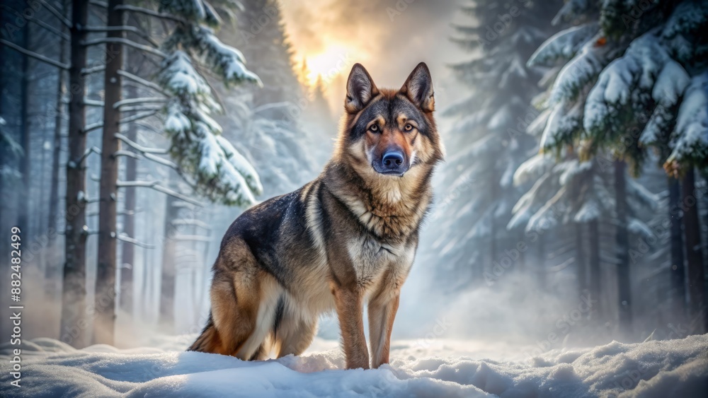 Majestic, powerful, and piercing gaze, a German Shepherd Wolf Hybrid canine stands regally against a misty, snow-dusted, winter forest backdrop. Majestic, powerful, and piercing gaze, a German Shepherd Wolf Hybrid canine stands regally against a misty, snow-dusted, winter forest backdrop.